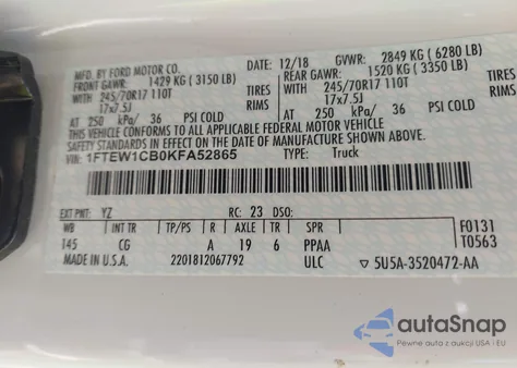 2019 Ford F-150 Xl z USA, uszkodzony, nr VIN 1FTEW1CB0KFA52865